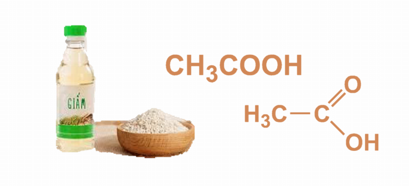 Cấu trúc phân tử axit axetic và hình ảnh chai giấm trong đời sống minh họa tính chất hóa học.