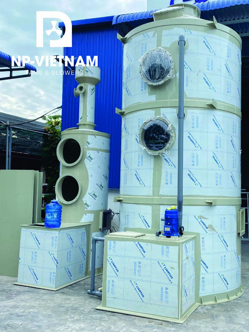 Minh họa cấu tạo và hoạt động của một loại tháp hấp thụ khí thải công nghiệp phổ biến như tháp đệm hoặc tháp phun
