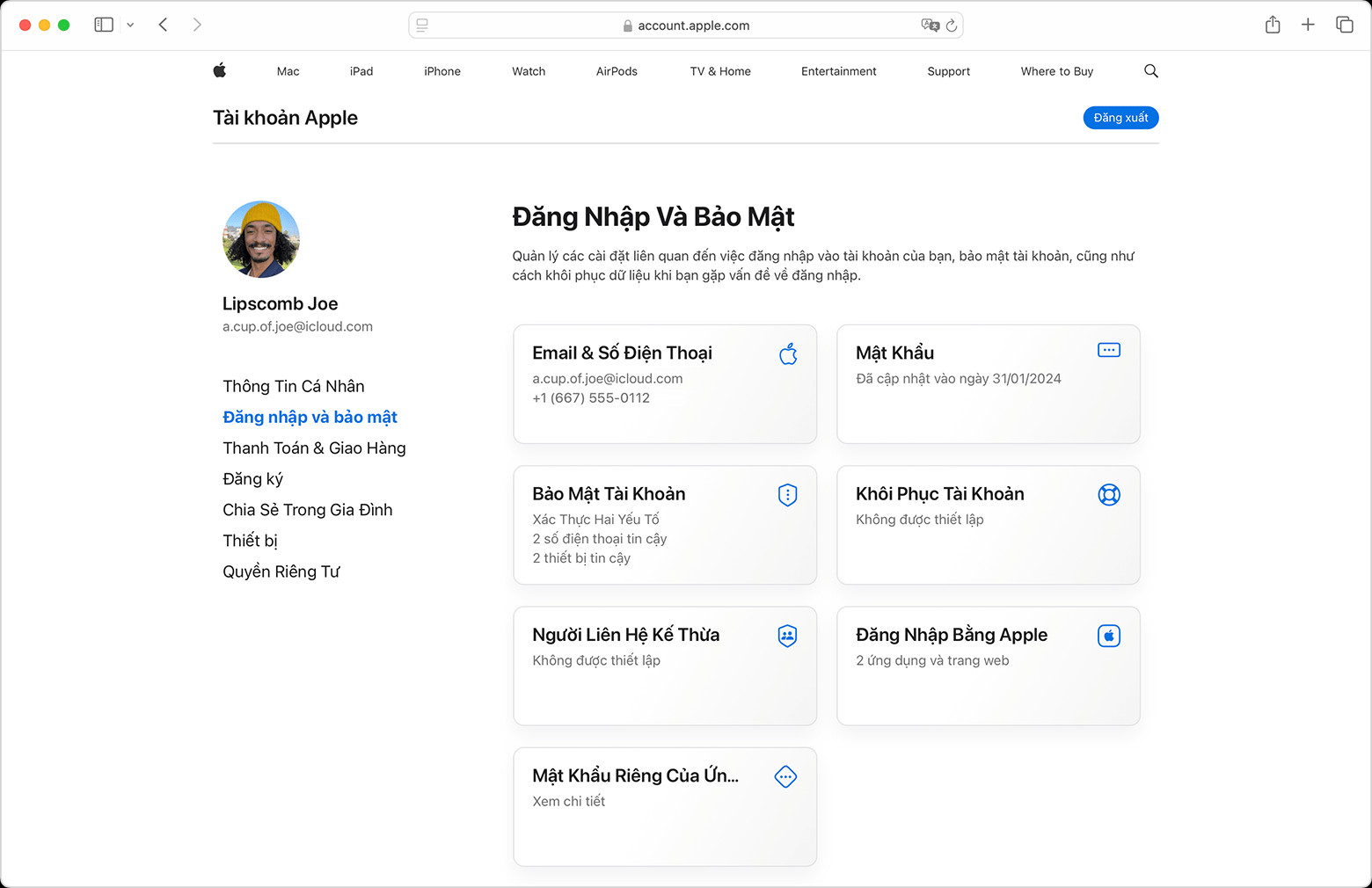 Giao diện trang web account.apple.com, hiển thị phần Đăng nhập và bảo mật để thay đổi mật khẩu iCloud.