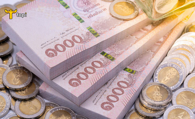 Bộ sưu tập các loại tiền giấy và tiền xu Baht Thái, minh họa các mệnh giá