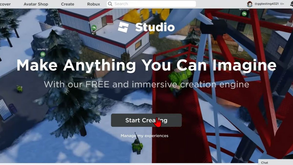 Cửa sổ &quot;Start Creating&quot; trong Roblox, với nút nhấn để bắt đầu quá trình tạo game