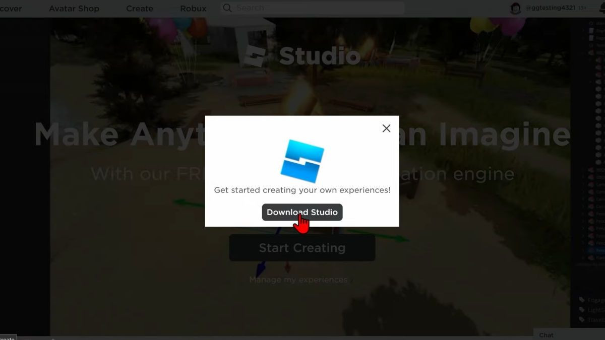 Cửa sổ bật lên yêu cầu tải xuống Roblox Studio, với nút &quot;Download Studio&quot; nổi bật