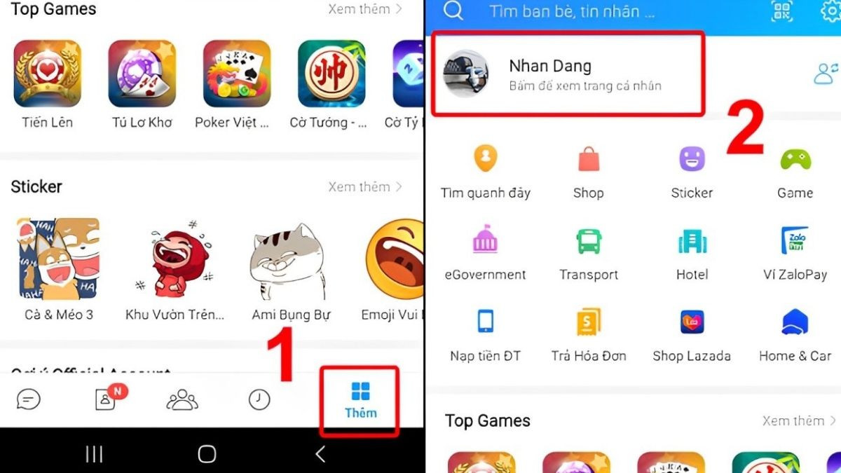 Giao diện Zalo trên điện thoại với tab 'Thêm' và truy cập trang cá nhân để đổi ảnh đại diện