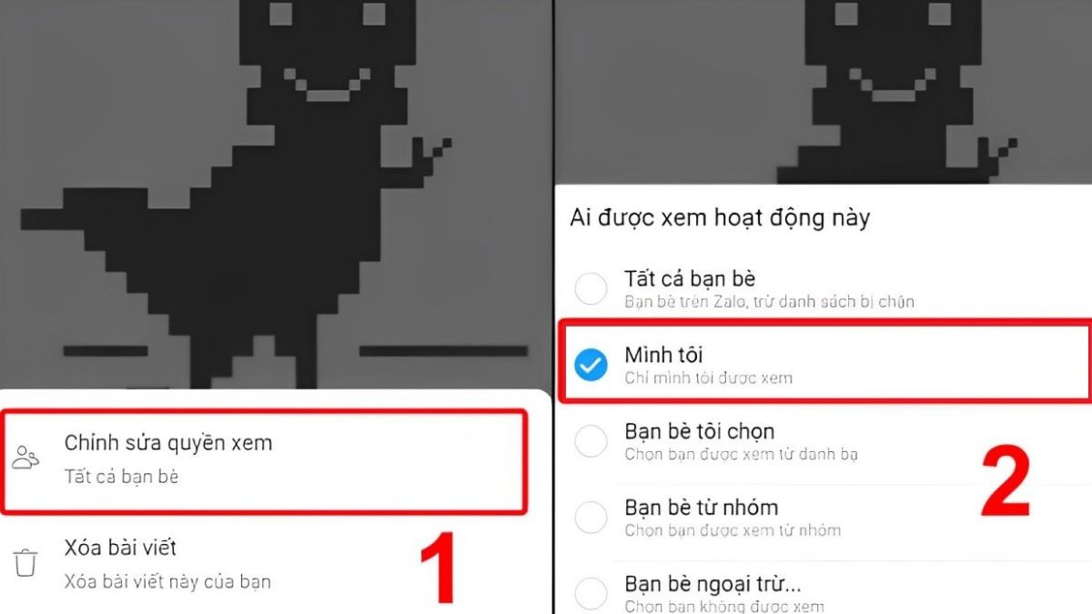 Menu tùy chọn bài đăng trên Zalo, chọn 'Chỉnh sửa quyền xem' và sau đó 'Mình tôi' để ẩn khỏi News Feed