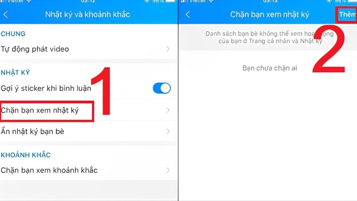 Menu cài đặt Zalo, mục 'Nhật ký và khoảnh khắc' và 'Chặn bạn xem nhật ký' để tăng quyền riêng tư
