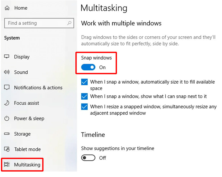Kiểm tra và kích hoạt tính năng Snap windows trong mục Multitasking của Settings để chia màn hình.