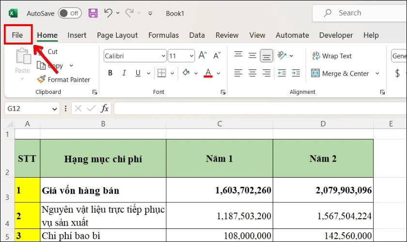 Giao diện Excel: Chọn tab 'File' để bắt đầu đổi dấu phẩy thành dấu chấm