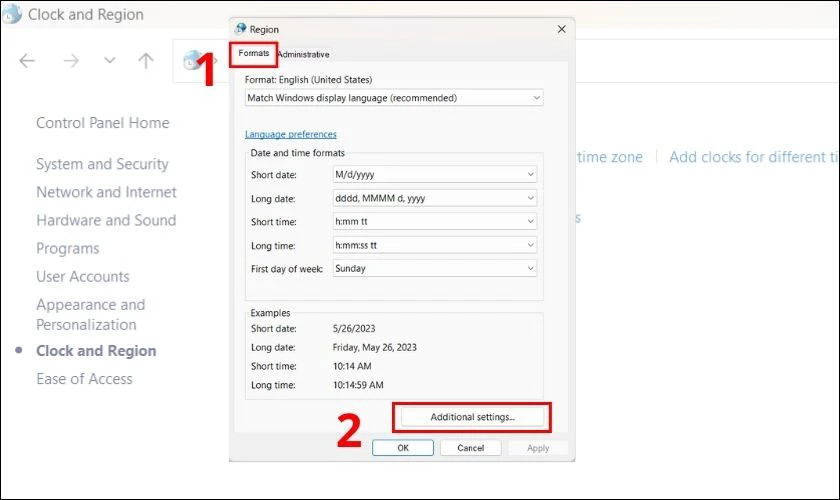 Cửa sổ Region: Chọn Additional settings để tùy chỉnh định dạng số