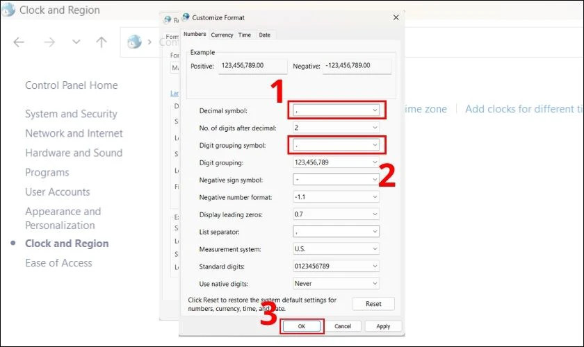 Cửa sổ Customize Format: Thay đổi dấu thập phân và dấu nhóm chữ số trên Windows