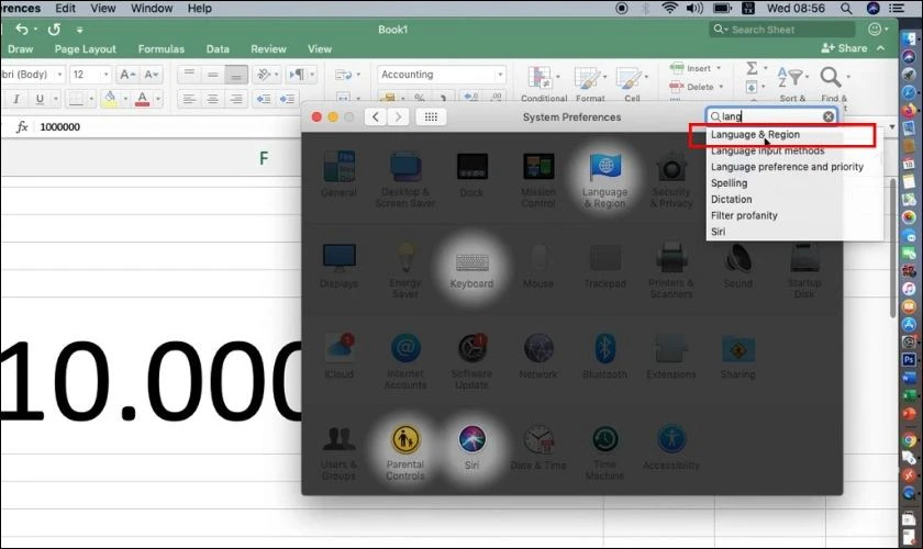 Cửa sổ System Preferences: Mở Language &amp; Region để chỉnh sửa cài đặt ngôn ngữ và vùng