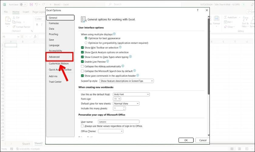 Phần Advanced trong Excel Options: Nơi cài đặt các tùy chọn nâng cao