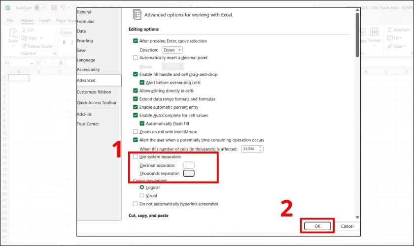 Cài đặt dấu phân cách trong Excel: Bỏ 'Use system separators' và định nghĩa lại dấu thập phân, hàng nghìn