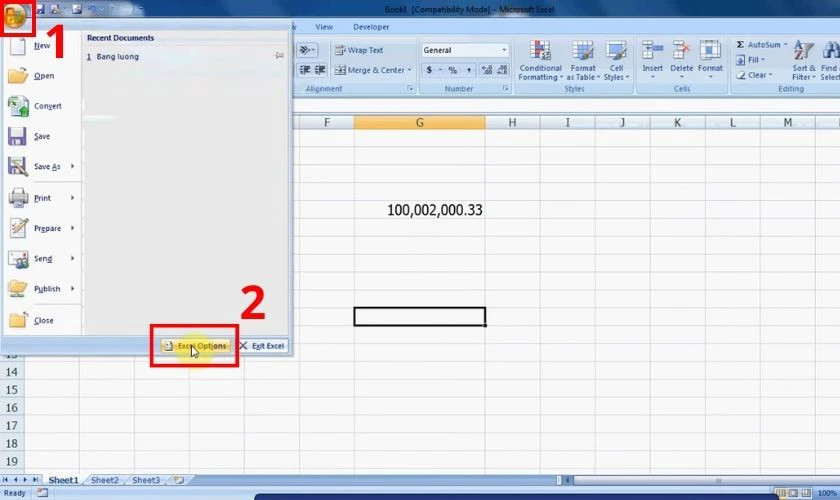 Giao diện Excel 2007: Chọn Office button và Excel Options để thay đổi cài đặt