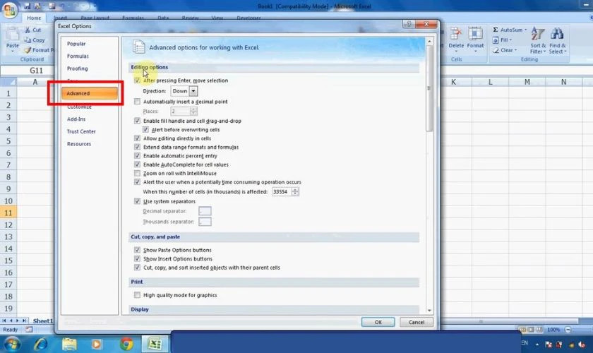 Cửa sổ Excel Options: Truy cập mục Advanced để điều chỉnh định dạng số