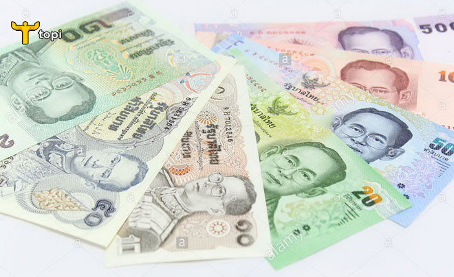Các tờ tiền Baht Thái với nhiều mệnh giá khác nhau, in hình Quốc vương