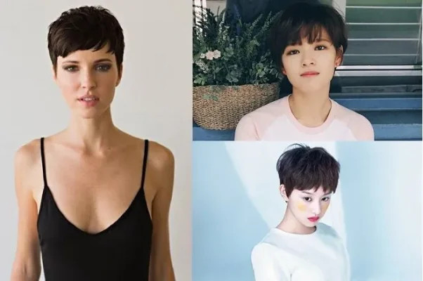 Gương mặt nữ giới với kiểu tóc Pixie lệch được tạo kiểu bồng bềnh và highlight nhẹ nhàng