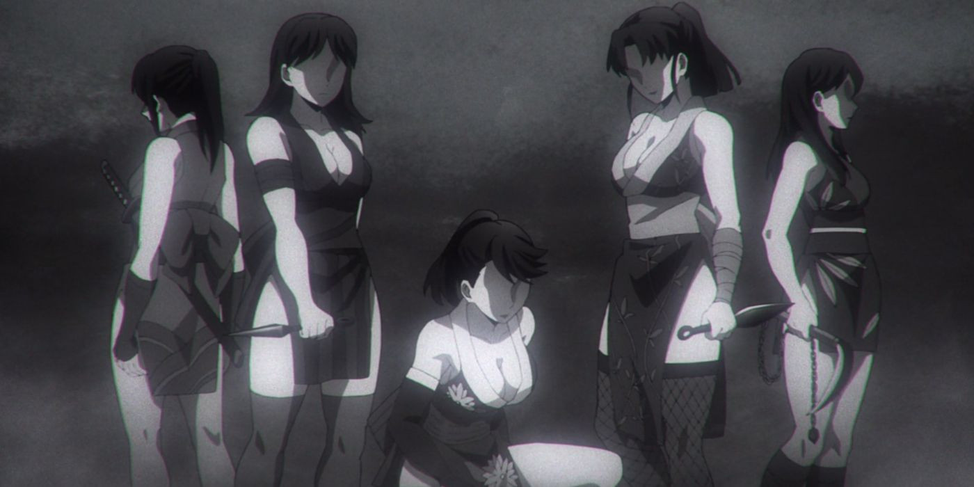 Ba người vợ kunoichi Makio, Suma và Hinatsuru của Tengen Uzui đứng xếp hàng trong Demon Slayer