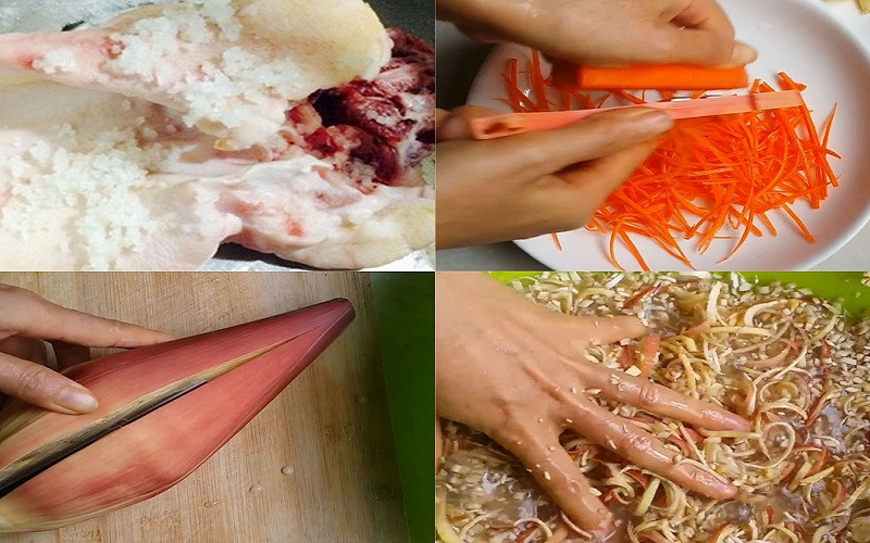 Hoa chuối thái mỏng đang được ngâm trong nước chanh muối để giữ màu trắng và độ giòn.