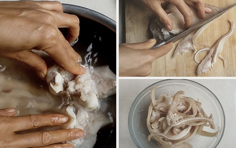 Tai heo đang được luộc trong nồi với gia vị, đảm bảo chín tới và giữ độ giòn sần sật cho món nộm.