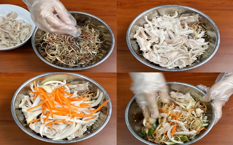 Hỗn hợp nộm tai heo hoa chuối đang được trộn đều các nguyên liệu với nước sốt, thấm vị đậm đà.