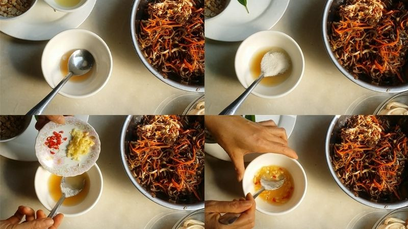 Các nguyên liệu pha nước trộn nộm gồm tỏi, ớt băm, chanh, đường và nước mắm, tạo nên hương vị chua cay mặn ngọt.
