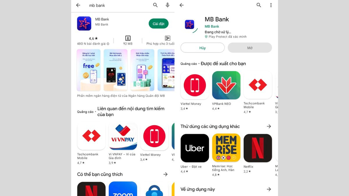 Màn hình ứng dụng MB Bank trên điện thoại, minh họa bước 1 tải app