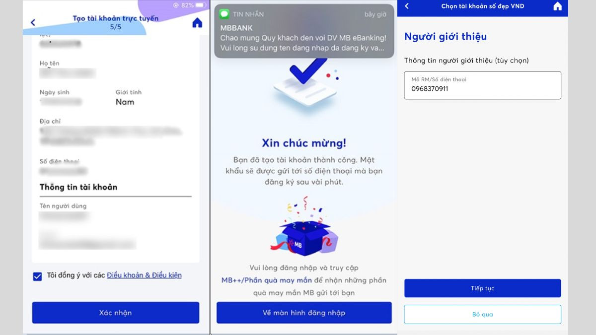 Giao diện nhập mật khẩu và mã giới thiệu MB Bank để hoàn tất đăng ký