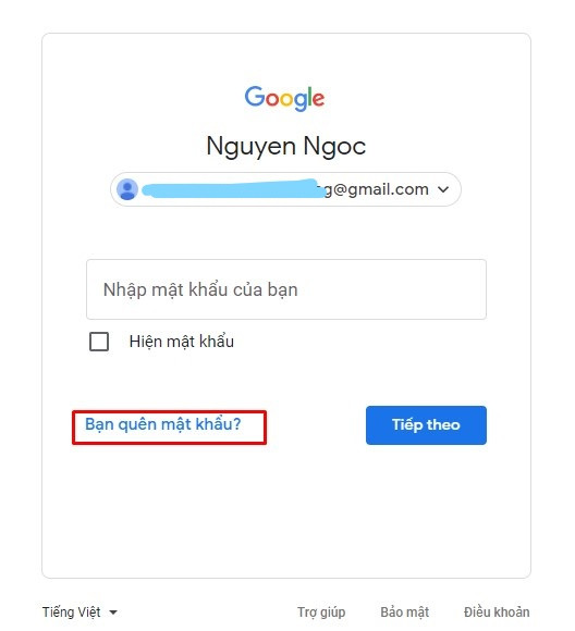 Nhấn vào tùy chọn &quot;Bạn quên mật khẩu?&quot; để chuyển đến các cách khôi phục tài khoản Google