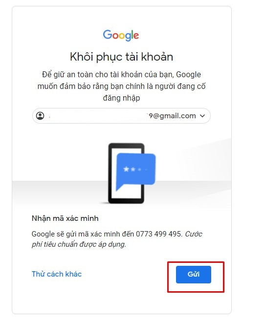 Xác minh số điện thoại để Google gửi mã khôi phục tài khoản Gmail qua tin nhắn SMS