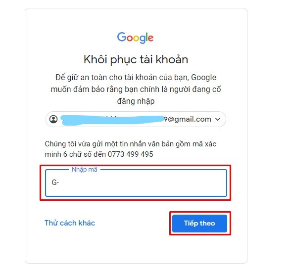 Nhập mã xác minh đã nhận từ tin nhắn để tiếp tục quá trình khôi phục tài khoản Google