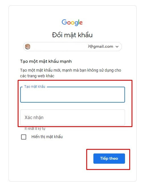 Tạo lại mật khẩu mới cho tài khoản Google của bạn, đảm bảo dễ nhớ và đủ mạnh