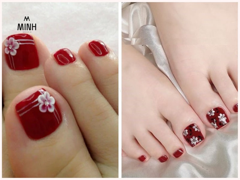 Mẫu móng chân đẹp màu đỏ chủ đề Tết