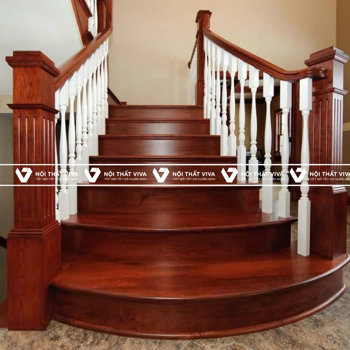 Sơ đồ cấu tạo các bộ phận chính của một chiếc cầu thang gỗ, bao gồm bậc, tay vịn, và chiếu nghỉ