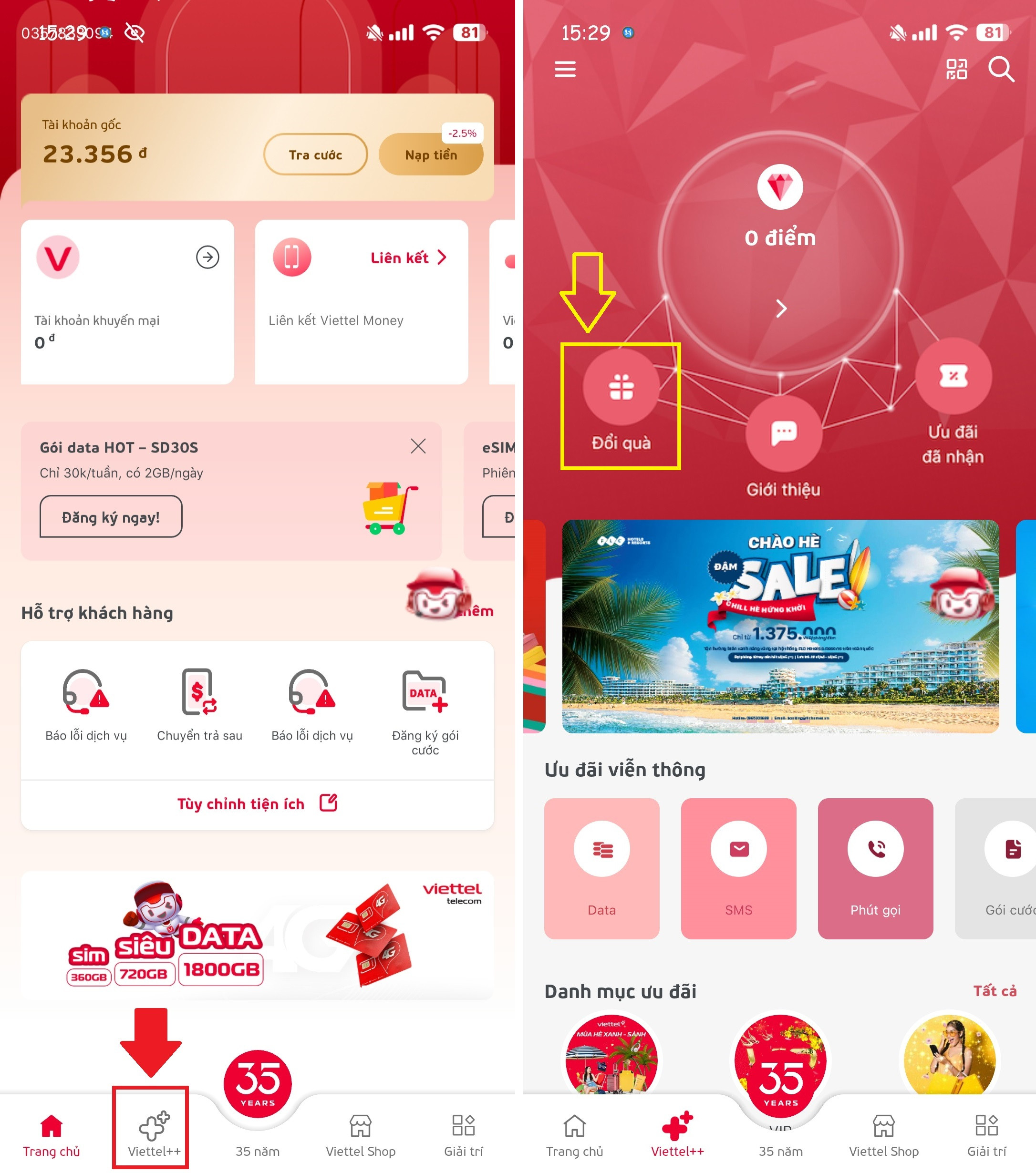 Giao diện ứng dụng My Viettel hiển thị mục Viettel++ và tùy chọn đổi quà