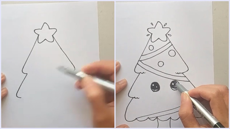 Minh họa các bước vẽ cây thông Noel theo từng tầng vảy cá, từ 1 đến 4 chiếc