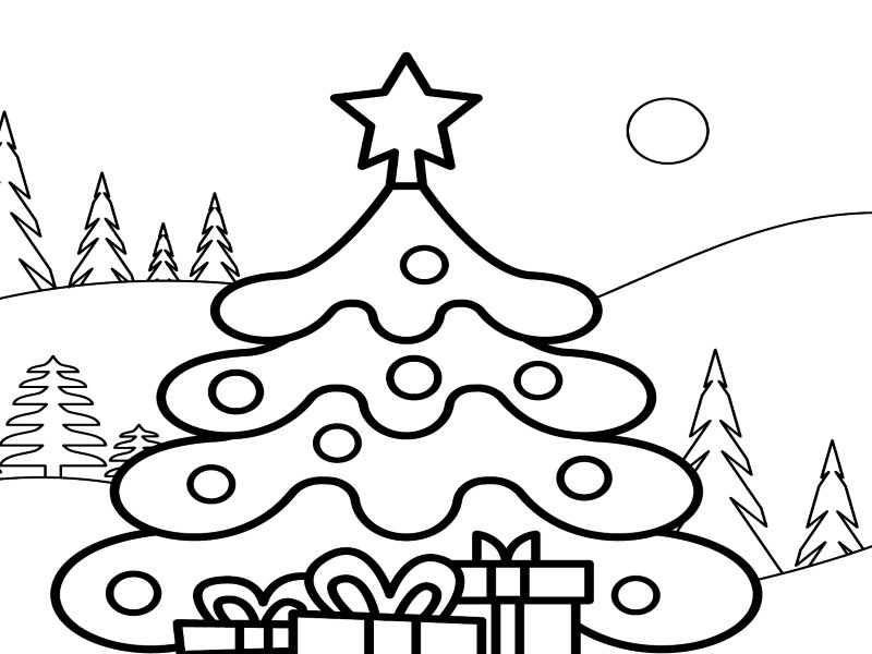 Mẫu tranh tô màu cây thông Noel cute đứng trên ngọn đồi tuyết trắng