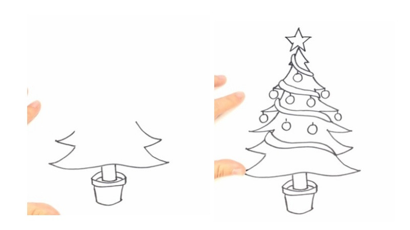 Hướng dẫn vẽ cây thông Noel cute kèm chậu và dây trang trí, chi tiết cho bé