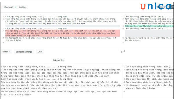 Kết quả hiển thị sự khác biệt giữa hai văn bản trên Diffchecker