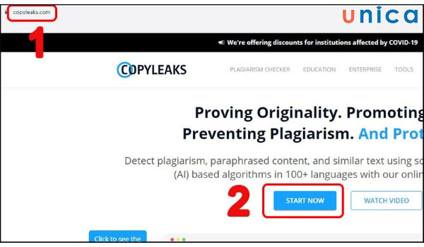 Giao diện công cụ CopyLeaks và lựa chọn Start now