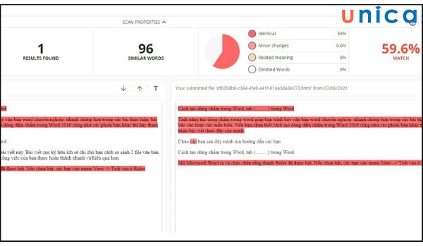 Kết quả hiển thị các đoạn văn bản trùng lặp khi so sánh bằng CopyLeaks