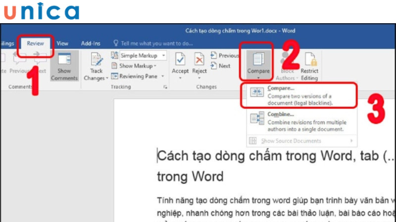 Chọn mục Compare trong tab Review của Microsoft Word