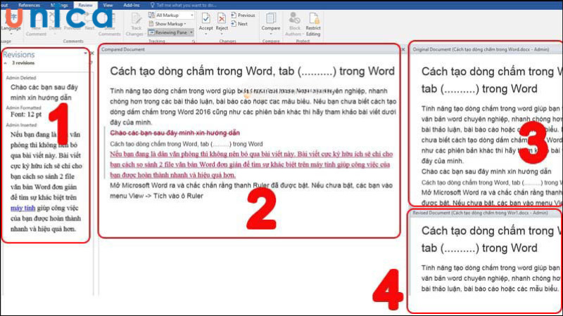Kết quả so sánh 2 file Word với 4 phần hiển thị chi tiết