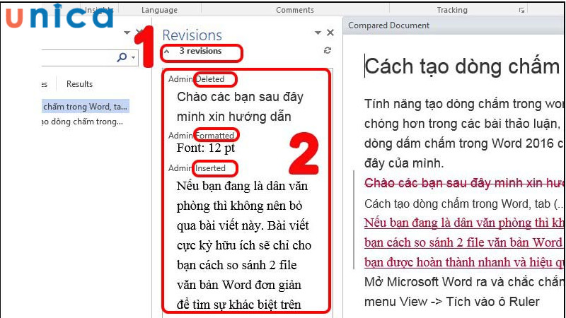 Chi tiết các thay đổi và chỉnh sửa trong tài liệu Word
