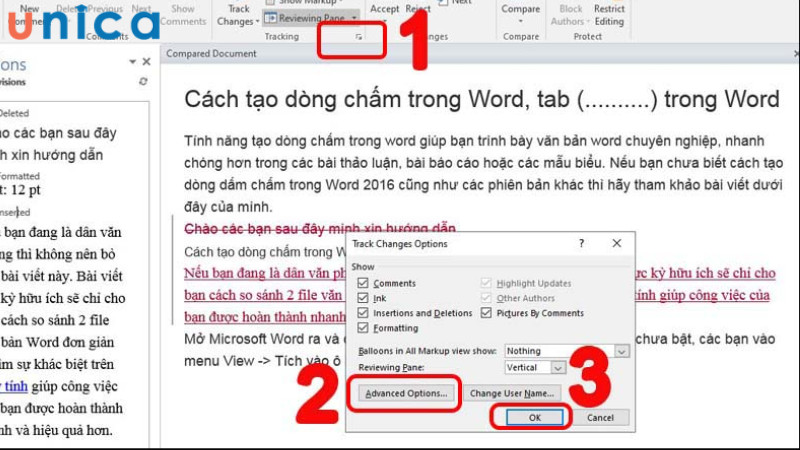 Lưu các tùy chọn nâng cao khi so sánh văn bản trong Word