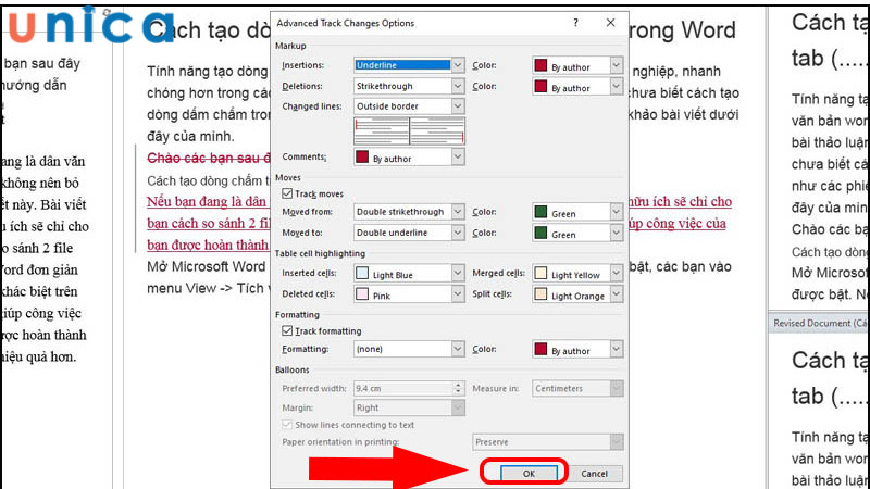 Hộp thoại tùy chỉnh hiển thị các thay đổi khi đối chiếu Word