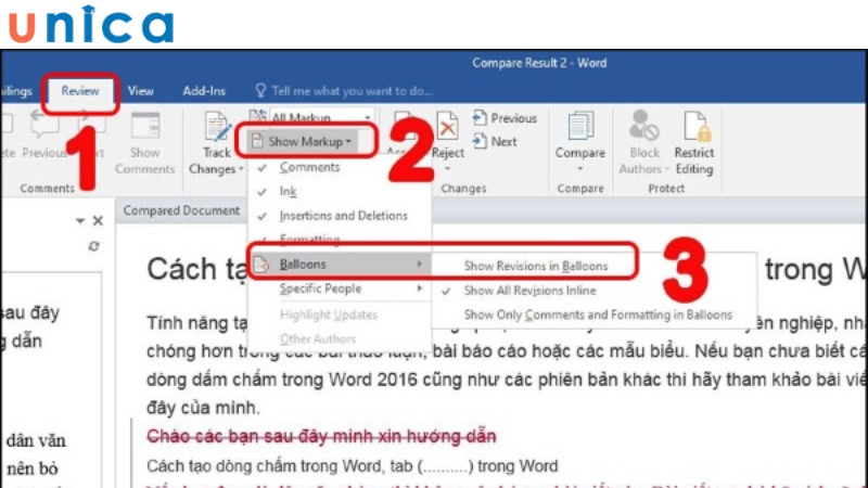 Chọn hiển thị sửa đổi dưới dạng Balloons trong Word
