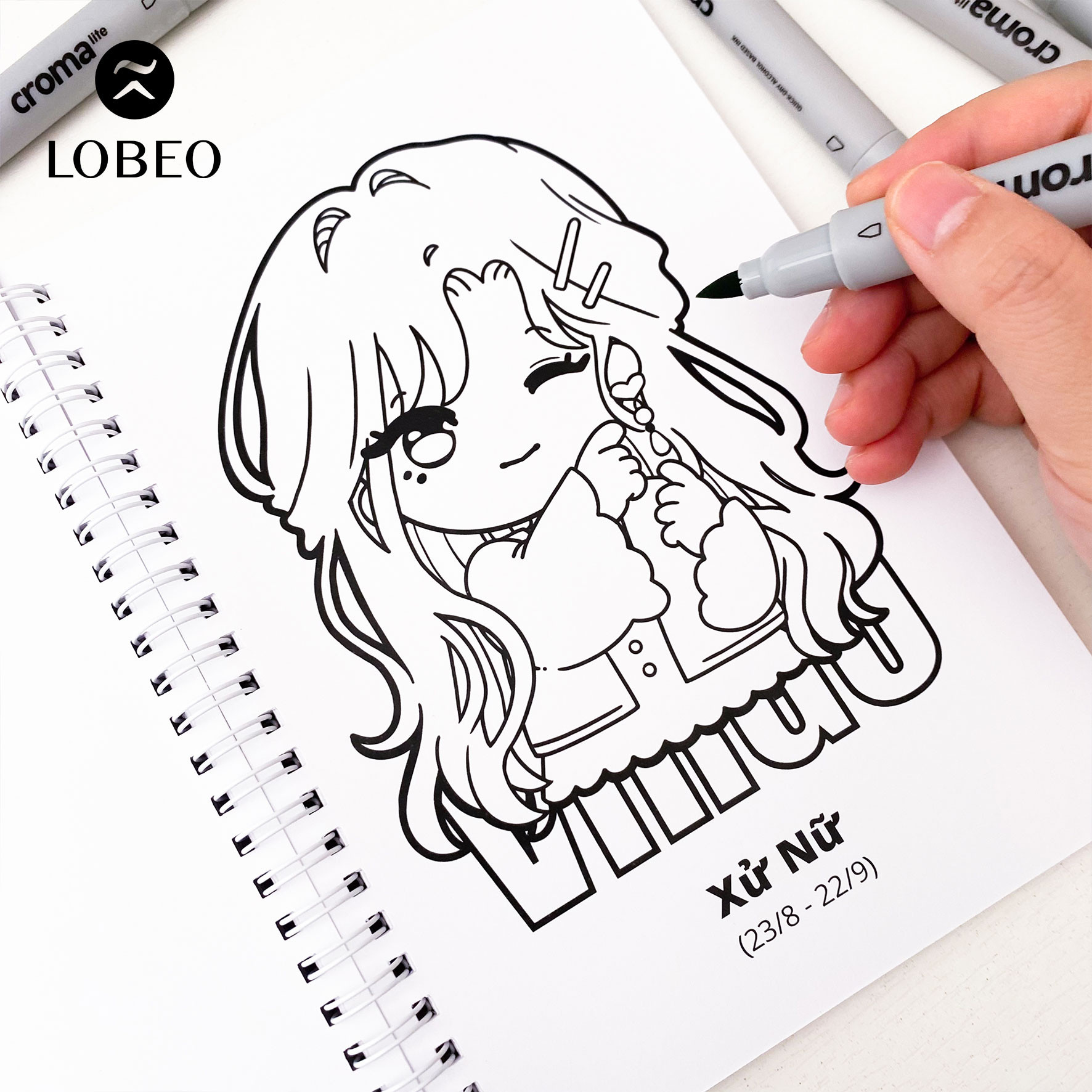 Tranh tô màu nhân vật anime nữ mặc váy dài và phụ kiện độc đáo