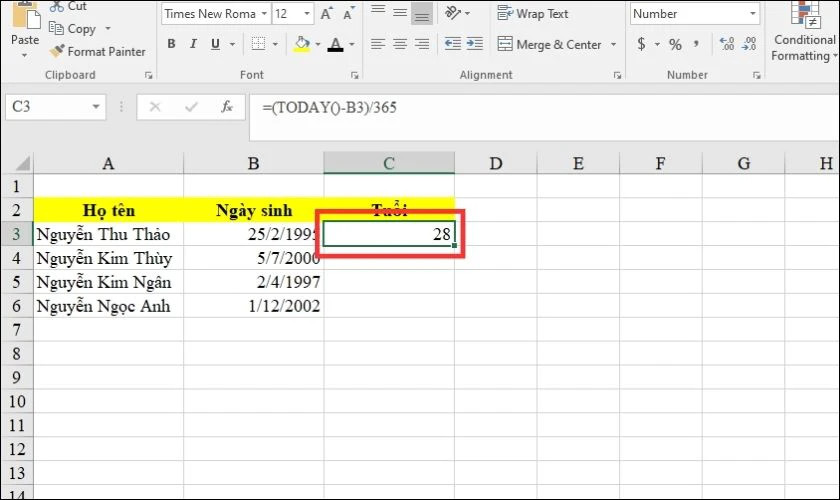 Kết quả tính tuổi sử dụng hàm TODAY() trong Excel