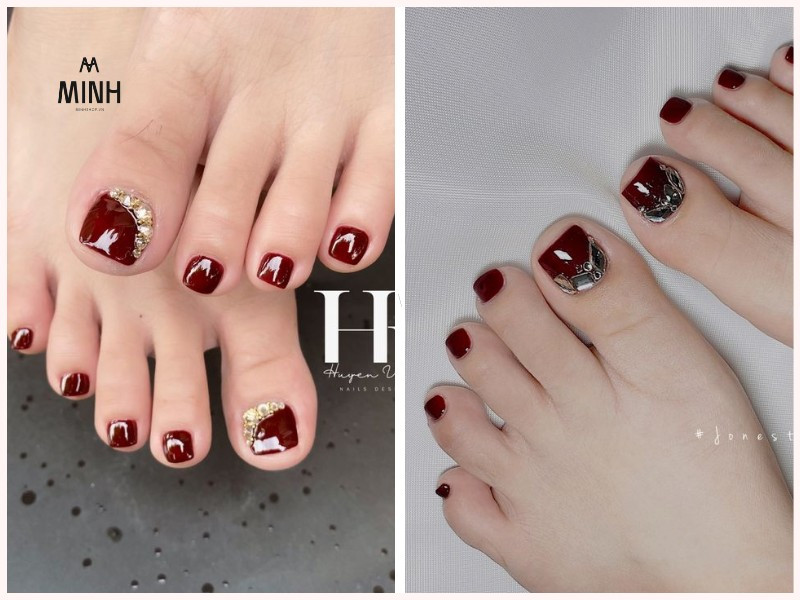 Sơn móng chân màu đỏ rượu phối họa tiết bạc, vàng