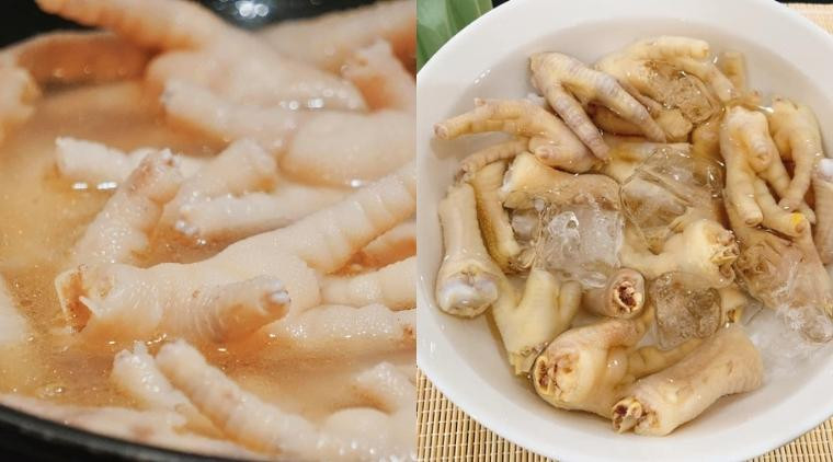 Chân gà đang được luộc cùng gừng và sả để khử mùi hôi và tăng hương vị